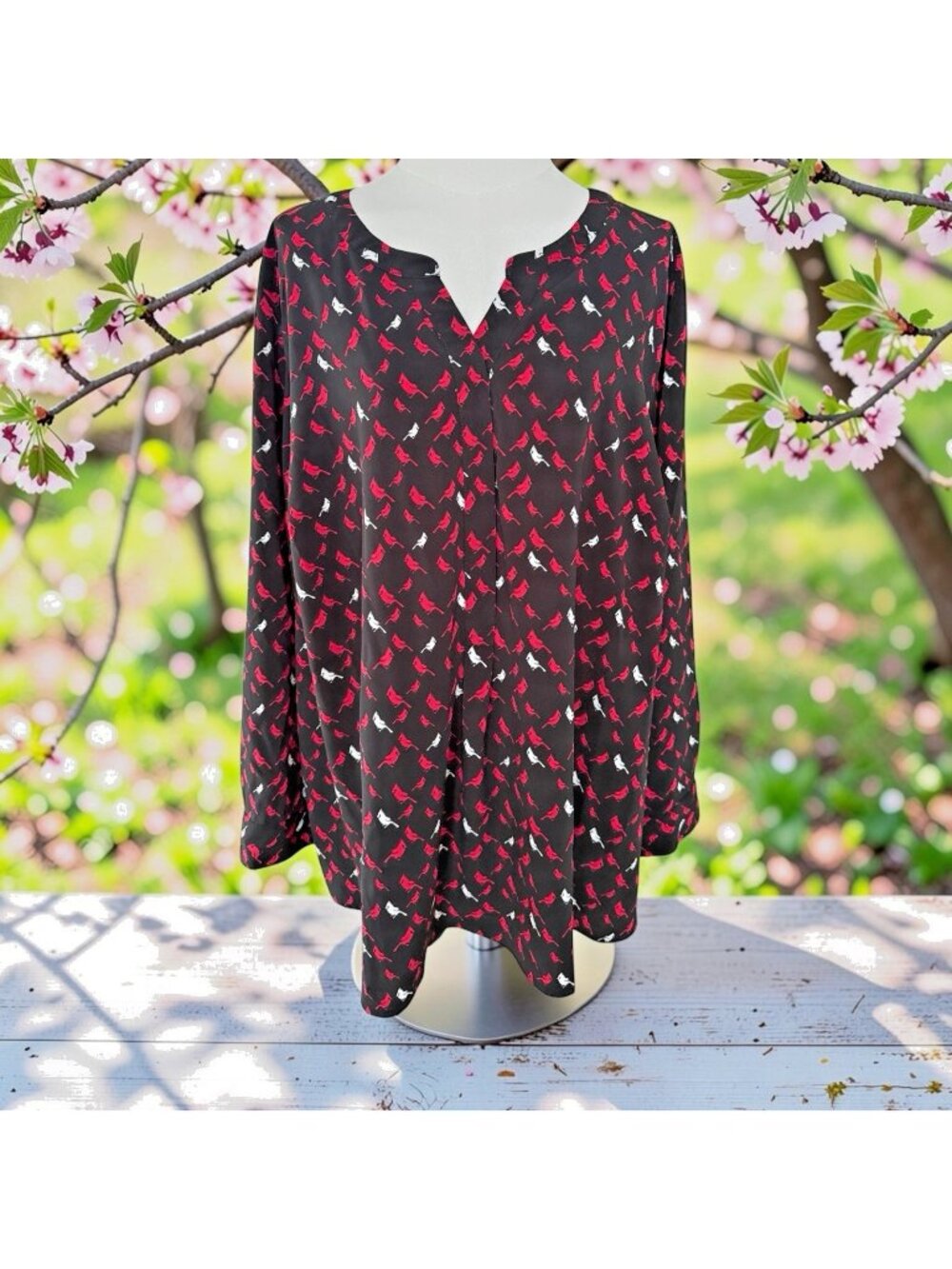 Catherines Black Long Sleeve Popover Blouse With A Red/White Cardinal Print-2X